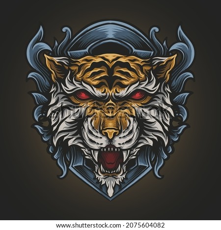 artwork illustration and t shirt design tiger head engraving ornament 