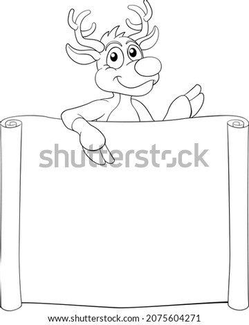 A Christmas Santas reindeer cartoon character peeking over blank sign with copyspace. In black and white outline like a coloring book page.