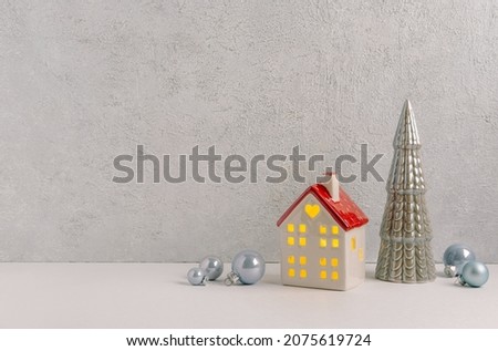 Christmas composition of Christmas decorations, blue balls, House lantern, fir and  copy space for text. Template.