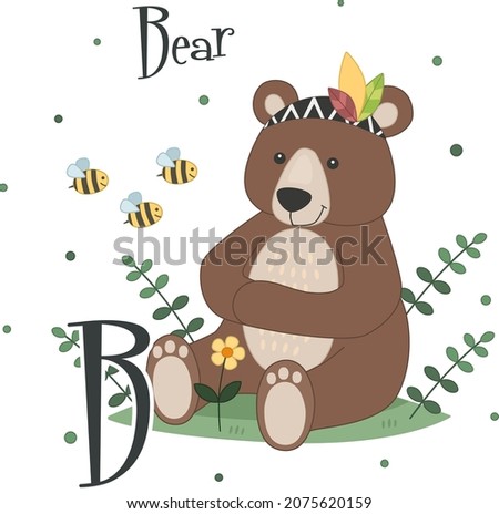 Cute animal alphabet. Cute cartoon Bear and bees. Vector