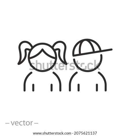 children toilet icon, girl and boy, silhouette child or kid restroom, thin line symbol - editable stroke vector illustration