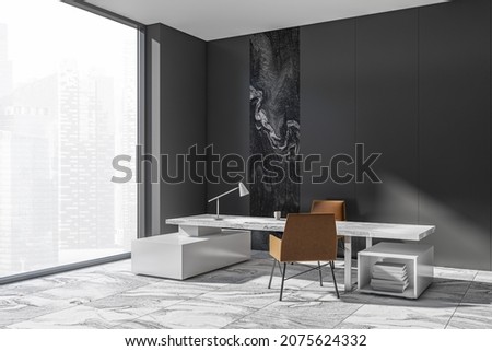 Corner view on dark office room interior with desk, armchairs, notebook, panoramic window with city skyscraper and concrete floor. Perfect place for working process. Minimalist design. 3d rendering