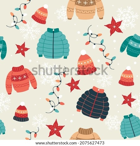 Christmas pattern with sweaters, winter coats, hats and lights. Festive background with hand drawn elements, vector illustration