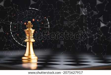 Golden king chess standing alone on chess board and dark background with connection line for strategy idea and futuristic concept. Royalty-Free Stock Photo #2075627917