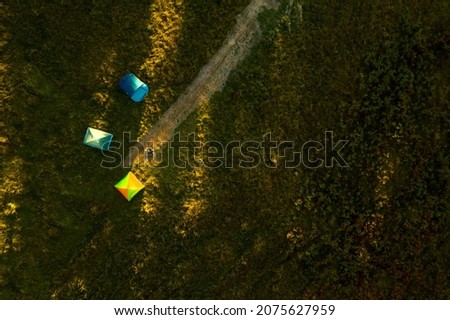 Camping tents in forest on sunny day, top view. Drone photography 