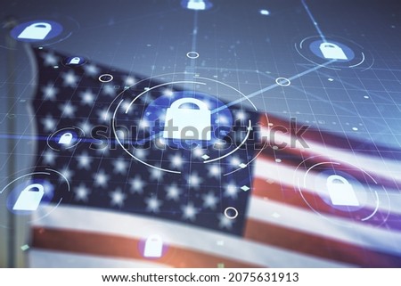 Virtual creative lock symbol and microcircuit illustration on USA flag and sunset sky background. Protection and firewall concept. Multiexposure Royalty-Free Stock Photo #2075631913
