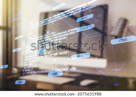 Double exposure of abstract programming language on laptop background, research and development concept