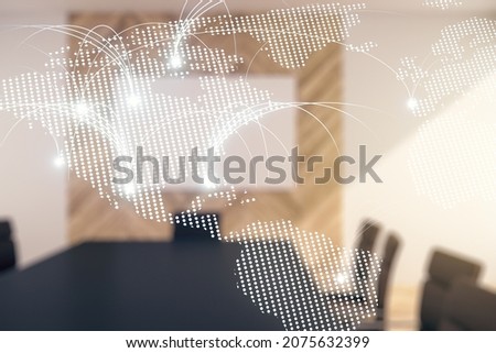 Double exposure of abstract digital world map hologram with connections on a modern meeting room background, research and strategy concept