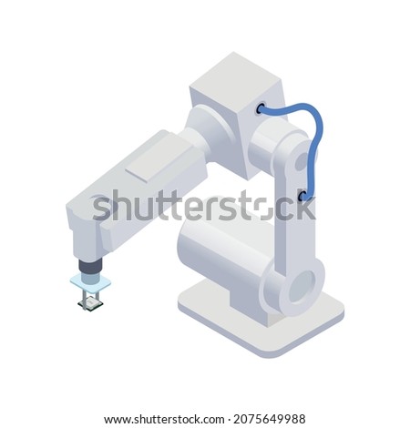 Semiconductor chip production isometric composition with isolated image of robotic arm manipulator vector illustration