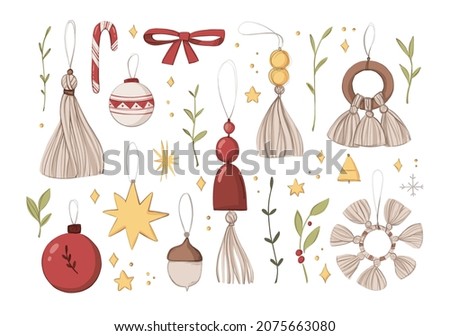 Watercolor Christmas toys collection. Vector winter illustrations. Christmas tree Baubles, decorations, greenery, stars. Perfect for invitation, postcard, decoration, home decor