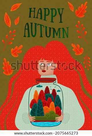Happy autumn season. Autumn orange and red forest. Girl with red long hair. Cute poster with girl. 