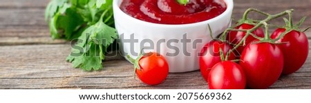 banner of White bowl of tomato sauce with parsley and tomato. Ketchup on natural wooden background. Copy space
