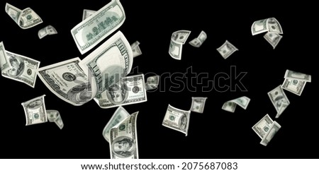 Dollar bill. Washington American cash. Usd money black background. Money falling