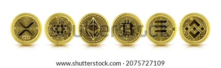 Token cryptocurrency set. Currency on future internet. Digital online technology blockchain stock market. Gold coin symbol crypto currencies Bitcoin, Ethereum, Cardano, Binance, Solana, XRP. 3D Vector Royalty-Free Stock Photo #2075727109