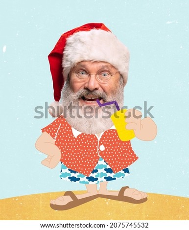 Emotional cute cartoon Santa Claus celebrates New Year and Christmas in exotic, tropical countries. Winter vacations. Holidays, travel, dreams, wishes. Wow, funny meme emotions, Creative sticker