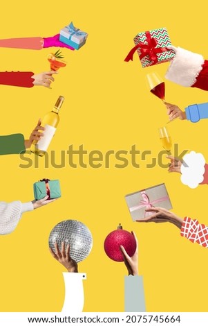 Greetings flyer for ad. Concept of Christmas, 2022 New Year's, winter mood, holidays. Postcard, geeting card design. Human hands with decorations for Christmas isolated on yellow background.