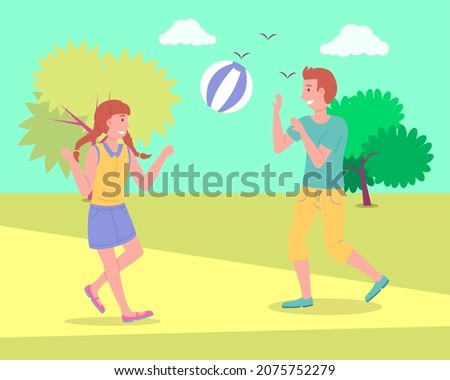 Illustration of the two children playing toy ball at the playground. The best summer child's outdoor activities. Active family weekend children's games. Kids volleyball on the grass, team ball game