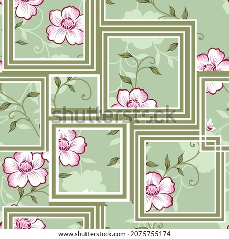 All over  pink vector flowers pattern on green background