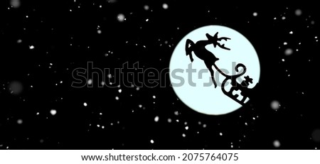 Christmas night blue sky with full moon, falling snow and magic glowing stars. Santa Claus flying on a sleigh with a deer. New year background in cartoon style. Copy space for text.Celebration concept