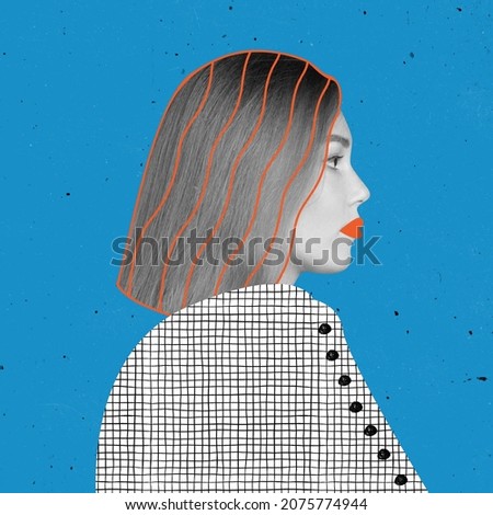 Contemporary art collage of young beautiful woman with drawn cloth elements isolated over blue background. Fashionable youth. Concept of fashion, art, creativity, femininity. Copy space for ad