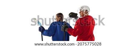All age competition. Collage of man and girl, professional hockey players in uniform with stick posing isolated over white background. Concept of sport, action, motioin, motivation. Copy space for ad