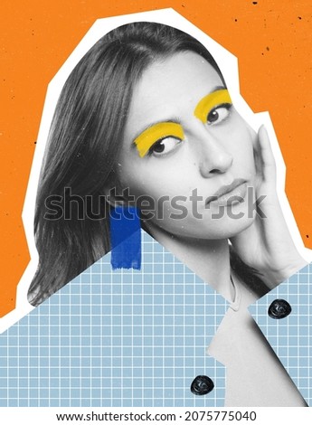 Contemporary art collage of beautiful stylish woman with drawn elements of cloth and accessories isolated over orange background. Concept of fashion, art, creativity, femininity. Copy space for ad