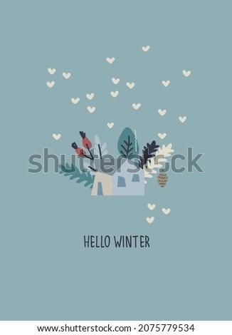 Inspirational winter seasonal vector illustration. Good mood card. Hello Winter hand lettering, country house, stylized trees, heart-shaped snowflakes on blue background. Winter holidays concept