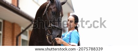 Woman doctor veterinarian stroking thoroughbred horses on farm Royalty-Free Stock Photo #2075788339