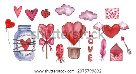 A set of watercolor elements for Valentine's Day. Suitable for invitation card design, wedding decoration.