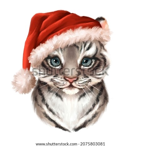 Tiger cub in santa Hat. Christmas cute animal illustration