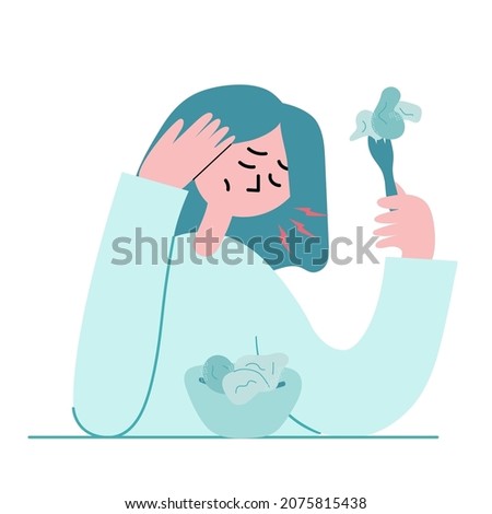 The girl suffers from anorexia. Forced adherence to a strict diet due to an eating disorder. Flat vector illustration Royalty-Free Stock Photo #2075815438