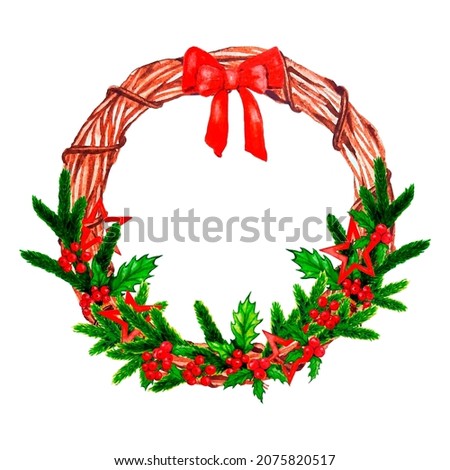 Watercolor decorative Decorative Christmas wreath made of spruce and holly branches isolated on white background. Holiday clip art.
