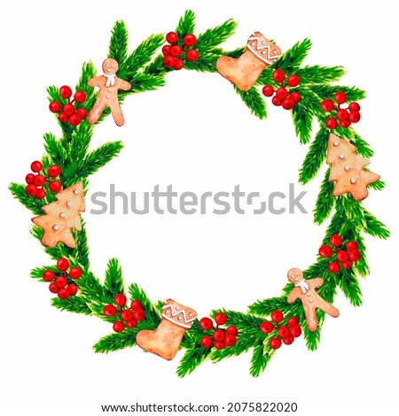 Watercolor decorative Christmas wreath made of fir branches, berries and gingerbread isolated on white background. Holiday clip art.