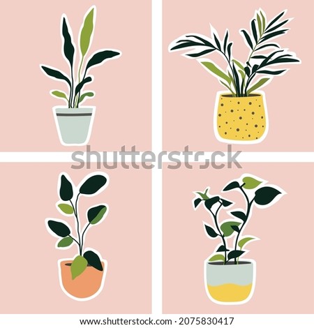 Set of house plants in the pots. Gardening. Trendy home decor with plants. Vector illustration. Cute flowers. Stickers.