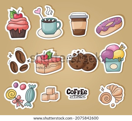 Sweets stickers set. Cakes, biscuits, baking, cookie, pastries, donut, ice cream, coffee. Perfect for scrapbooking, greeting card, party invitation, poster, tag, sticker kit.