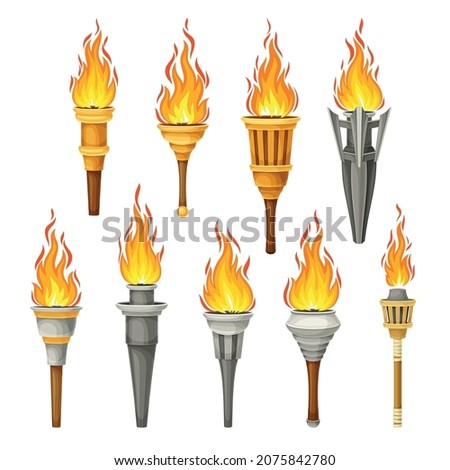 Torch with Brightly Burning Fire on Top as Ignited Light Source Vector Set