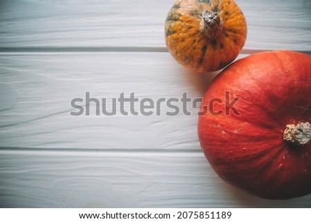 Orange and yellow pumpkins on wood white background in autumn
