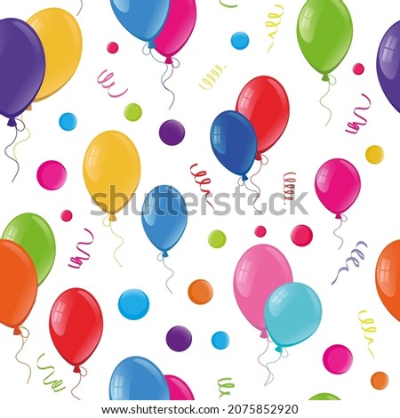 Vector seamless pattern. Bright balloons and streamers on a white background. Suitable for wrapping paper, greeting cards, textiles, and printing.