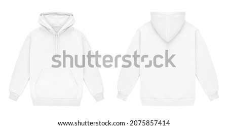 Template blank flat white hoodie. Hoodie sweatshirt with long sleeve flatlay mockup for design and print. Hoody front and back top view isolated on white background Royalty-Free Stock Photo #2075857414