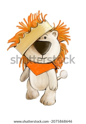 drawing of a lion cub with a large orange mane in a crown 