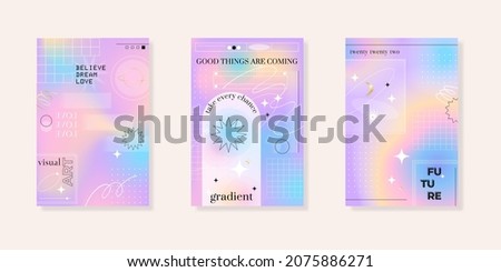 Blurred gradient background with geometric shapes. Fluid holographic gradient poster for wall art or social media cover. Modern wallpaper design tempate, brutalism inspired. Vector illustration. Royalty-Free Stock Photo #2075886271