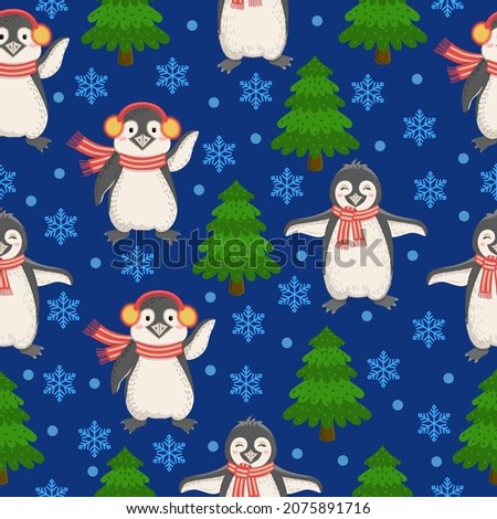 Vector seamless pattern with cute penguins and Christmas trees. Scandinavian funny cartoon animals. Northern birds. Christmas motives.Template for textiles, wrapping paper, clothes.
