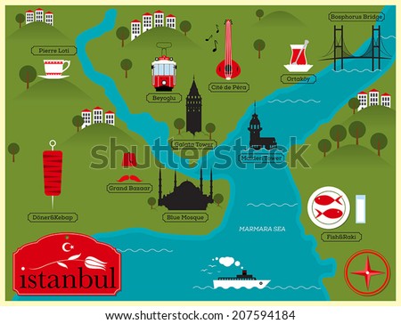 Istanbul Vector Map Illustration with Istanbul Landmarks Royalty-Free Stock Photo #207594184