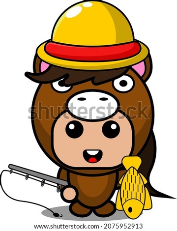 vector cartoon character cute horse animal mascot costume wearing farmer hat and holding fishing rod
