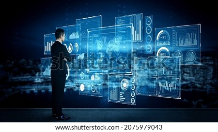 Business intelligence technology and big data analytic mixed media showing concept of futuristic information report using computer software to analyze strategic investment advice for decision making . Royalty-Free Stock Photo #2075979043
