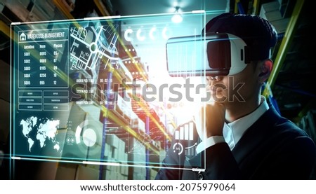 Future virtual reality technology for innovative VR warehouse management . Concept of smart technology for industrial revolution and automated logistic control .