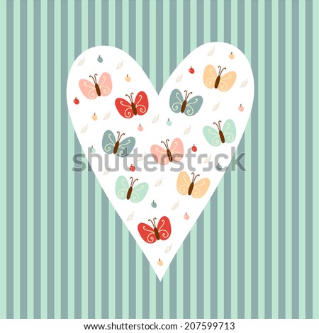 Hand drawn heart shape filled of bright butterflies and leaves on striped background. Concept vintage card. 