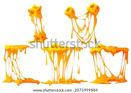 Set of melted cheese, cartoon mellow pieces with dripping stretches, design elements for pizza, sandwiches or pasta, cheesy texture flow, melt food isolated on white background, Vector illustration Royalty-Free Stock Photo #2075999884