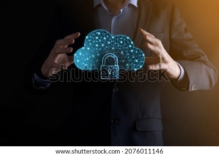 Cloud technology. Polygonal wireframe cloud storage sign with padlock on dark blue. Cloud computing, big data center, future infrastructure, digital ai concept. Virtual hosting symbol.