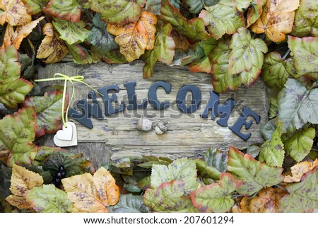 Wood welcome sign with hearts and autumn leaves border